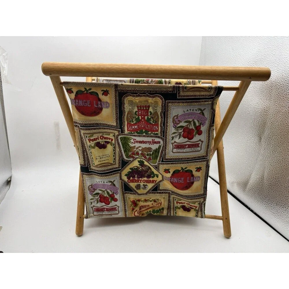 Vintage Wooden Folding Sewing Basket Yarn Holder Knitting Crochet Storage